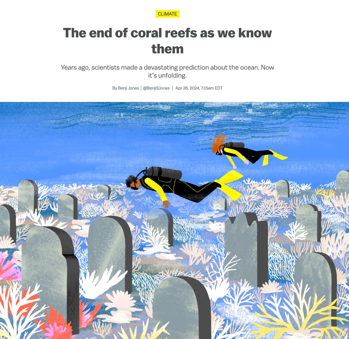 Coral reefs are, indeed, collapsing. Climate change doesn’t just deal a temporary blow to these animals — it will bring about the end of reefs as we know them. The latest from @BenjiSJones for @voxdotcom: vox.com/climate/241372…