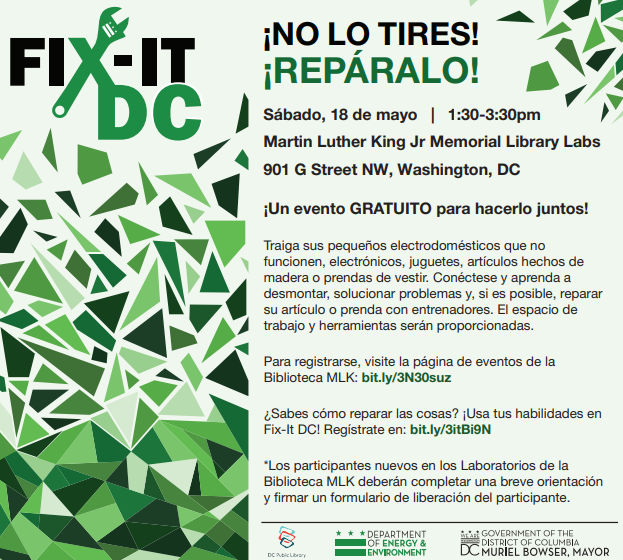 We've got plans for that thing in the corner of your room that's in need of repair. 😏 Work with a #FixItDC coach to FIX IT! 🔧🪛🔨✅ 🗓️Saturday, May 18 ⏰1:30pm-3:30pm 📍MLK Jr. Memorial Library Labs (901 G St NW)