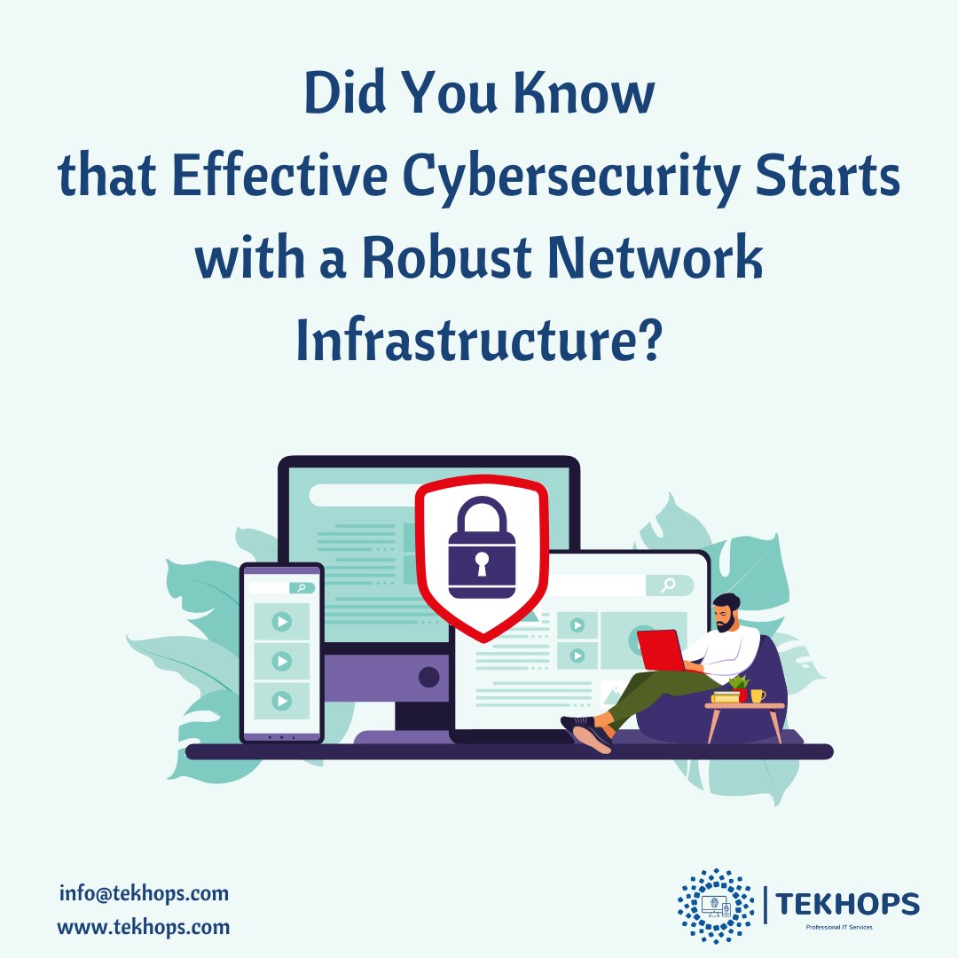 Did you know that effective cybersecurity starts with a robust network infrastructure? 
Learn more about our tailored solutions. 

#Cybersecurity #NetworkSecurity #ITConsulting #USA #Technology #Tekhops #india