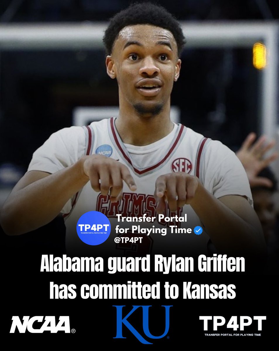 TP Commit: Alabama guard Rylan Griffen has committed to Kansas. He averaged 11.2 points, 3.4 boards, and 1.9 assists in 36 games this season. #TP4PT #TransferPortal