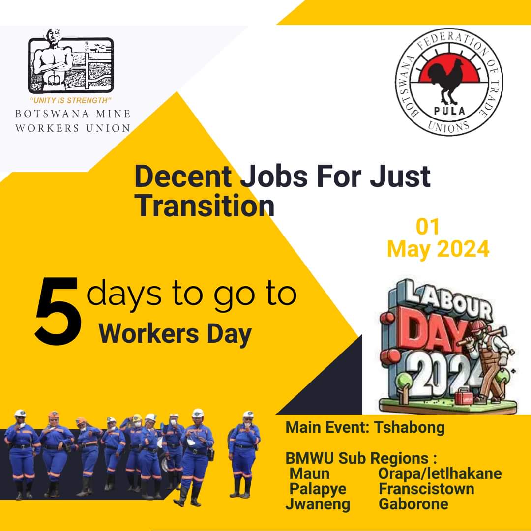 The BMWU invites its members to jointly celebrate Labour day from their respective sub regions, under the theme: Decent Jobs For Just Transition. Fellow members lets celebrate this day in style.  

#MembersFirst #MayDay2024 #WorkersRights #BMWU #UnityIsStrength #JustTransition