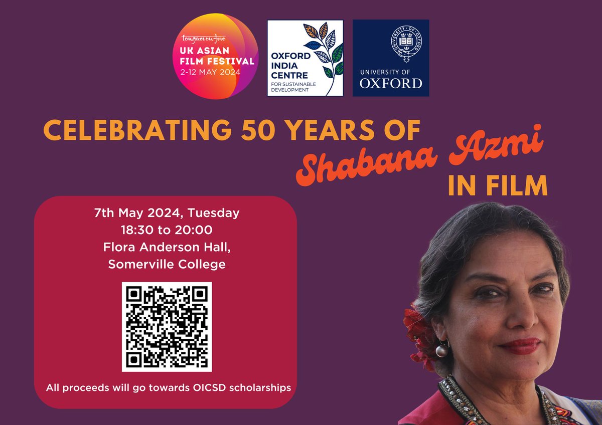We are collaborating with @ukasianfilmfest to celebrate @AzmiShabana's 50 glorious years in cinema at @SomervilleOx on 7th May! All proceeds raised from this event will go towards our scholarships. Limited tickets, sign up now: some.ox.ac.uk/news-events/ev…
