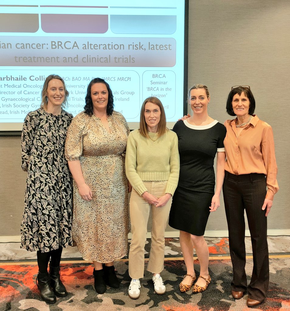 The 🟥 Cork contigent 🟥 at the @MarieKeating BRCA in the Horizon Seminar today From left to right- Marie Duff, Genetic Counsellor; Susan Walsh, RANP Breast Specialist; Vicki Cleary cANP BRCA specialist; me ☺️; with Bernie Carter, Assistant Director of Nursing @MarieKeating