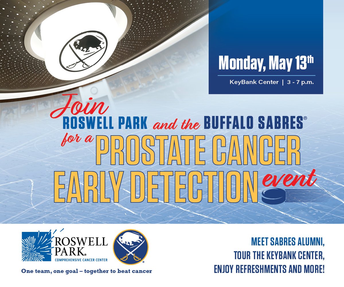 1 in 8 men will be diagnosed with prostate cancer, but early detection saves lives. Join @RoswellPark and Buffalo Sabres for their Prostate Cancer Early Detection Event on Monday, May 13th at the KeyBank Center. Learn about eligibility and register at roswellpark.org/onegoal
