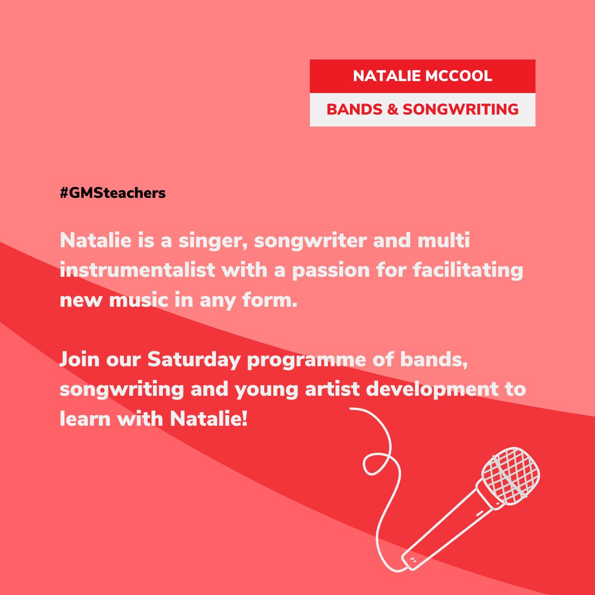 GMS teacher Natalie McCool is a singer, songwriter and multi instrumentalist with a passion for facilitating new music in any form. Natalie teaches on our Saturday programme at Thomas Tallis school, with bands, songwriting and young artist development.