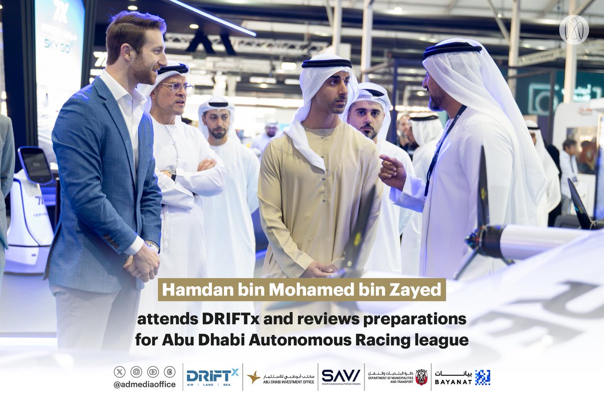 Hamdan bin Mohamed bin Zayed has attended the smart and autonomous mobility exhibition DRIFTx at Yas Marina Circuit and reviewed preparations for the Abu Dhabi Autonomous Racing League (A2RL) as part of the inaugural Abu Dhabi Mobility Week.