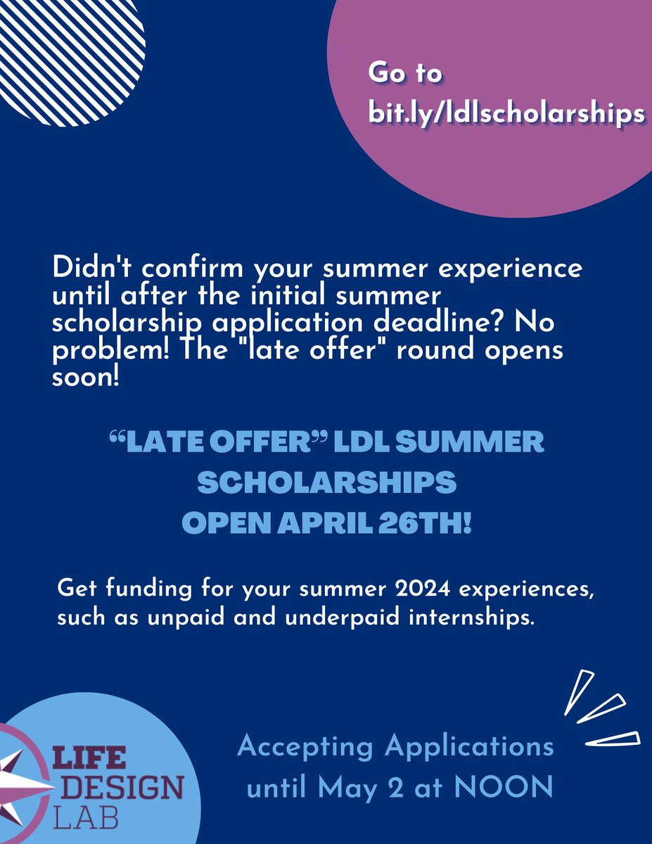 Looking for 💰 to fund your summer experience? Apply now for the LDL 'Late Offer' Summer Scholarship! Hurry, the application period runs from April 26th to May 2nd at NOON. Don't miss out on this opportunity! #funding #opportunity #deadline #applynow #summerscholarship