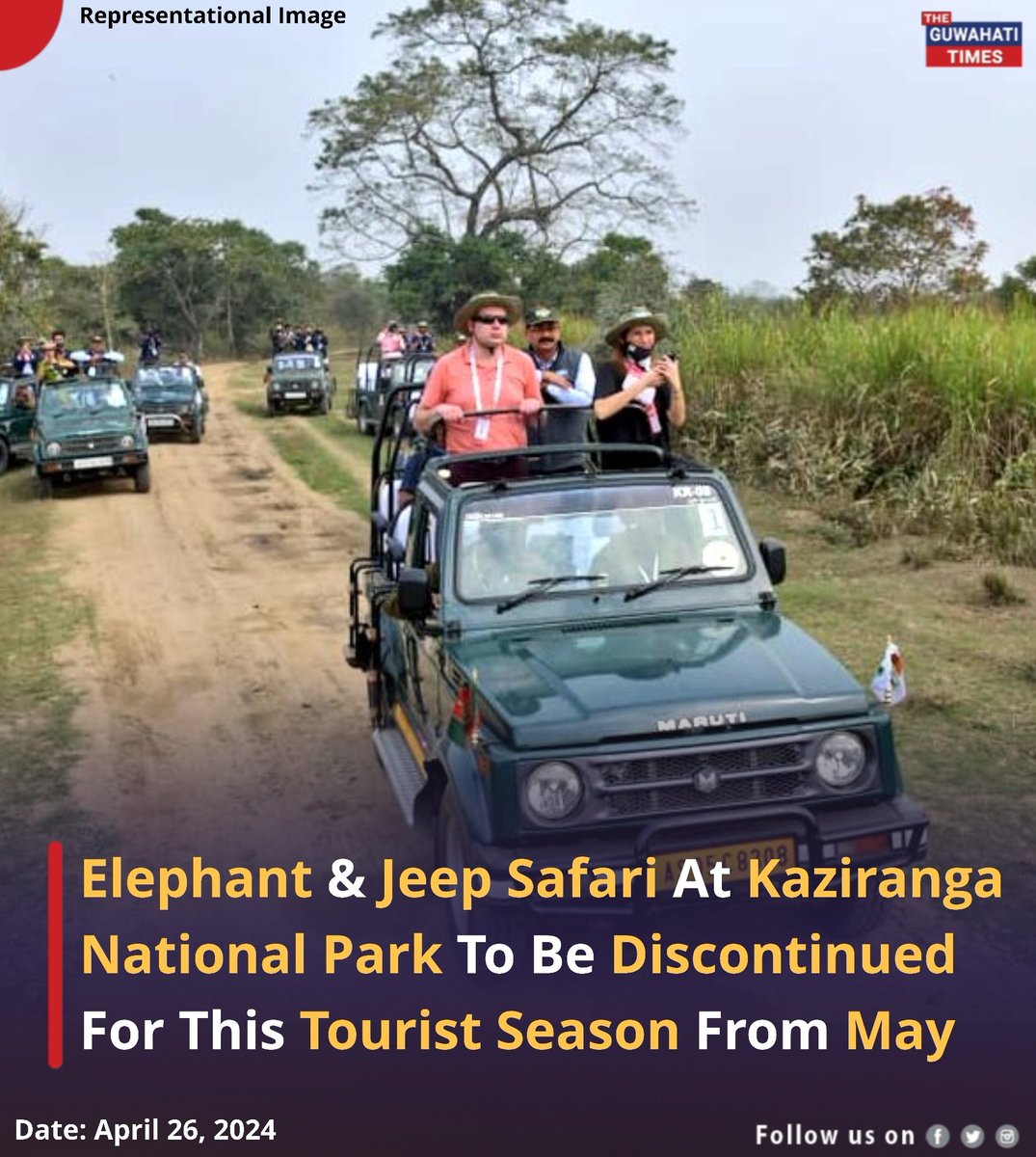 The elephant and jeep safari at the Kaziranga National Park in #Assam will be discontinued for this tourist season from May 1 and May 16 respectively.

Read more: facebook.com/share/p/byh5uD…