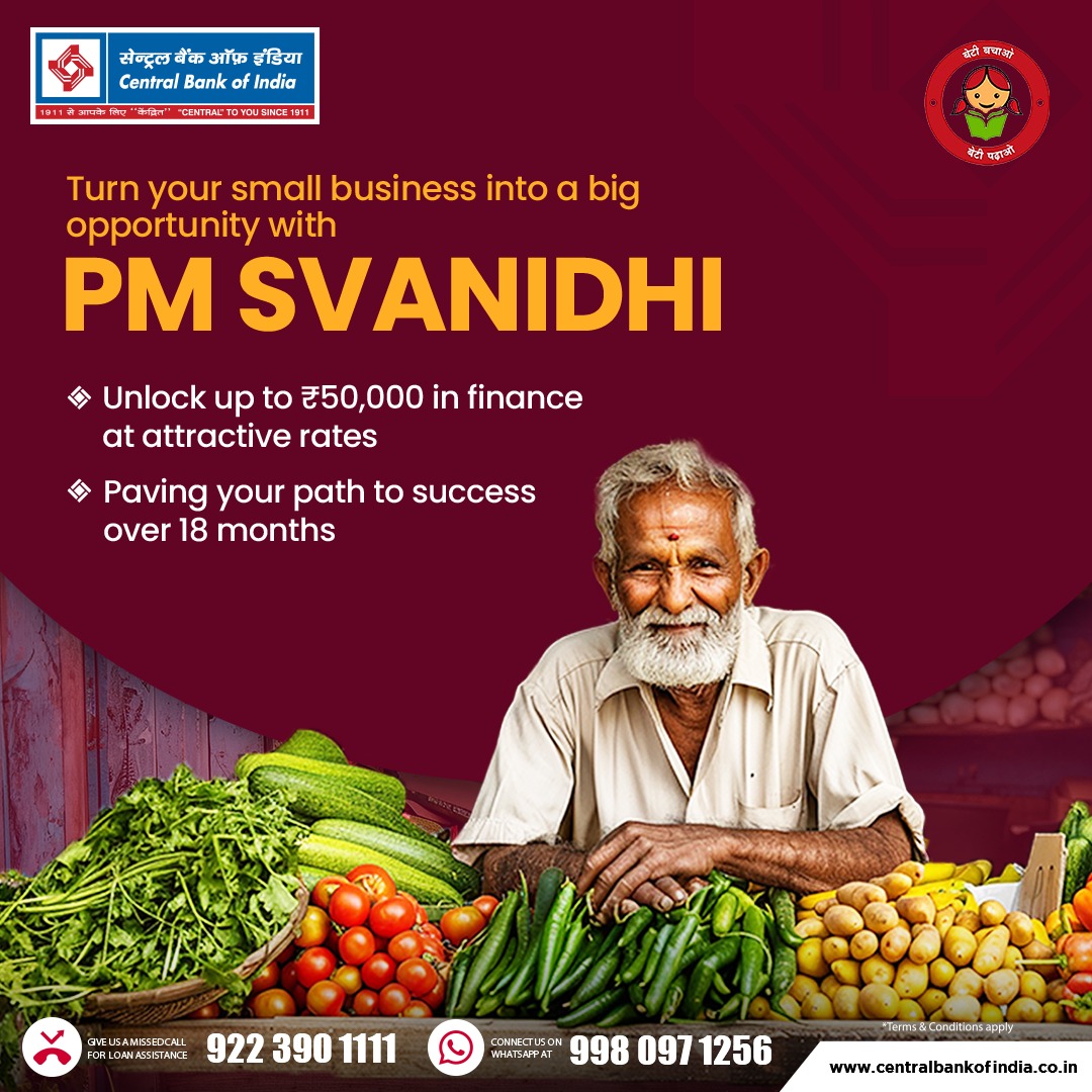 PM SVANidhi offers a lifeline to street vendors with attractive interest rates. Don't miss out on this chance for financial stability. 

#PMSvanidhi #CentralBankOfIndia #CentralToYouSince1911