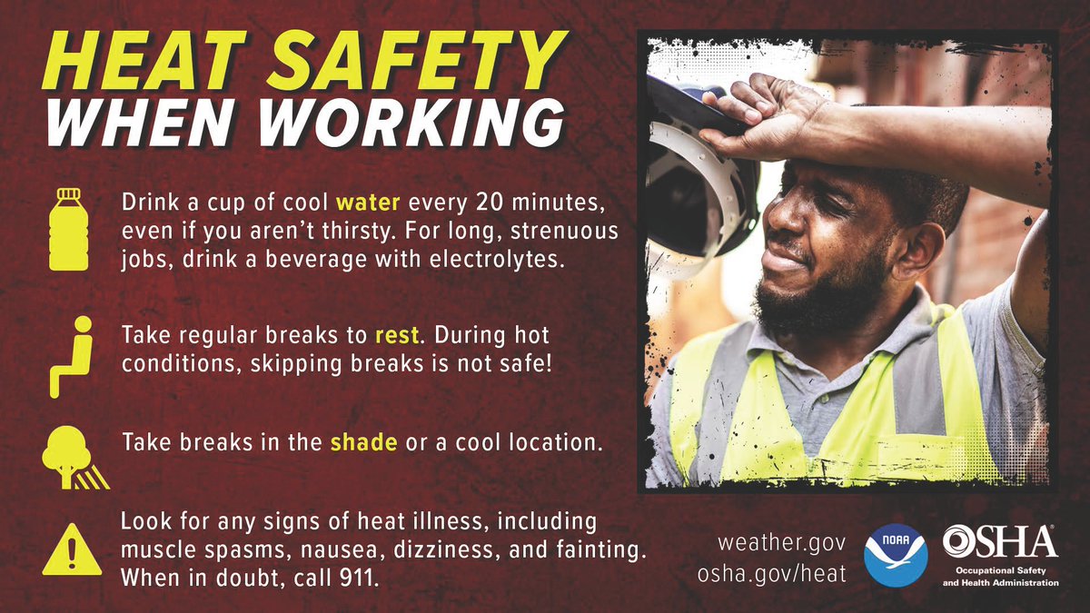 Working outside in the #heat today? Make sure you get #WaterRestShade! Learn more at osha.gov/heat #OSHA #WeatherReady
