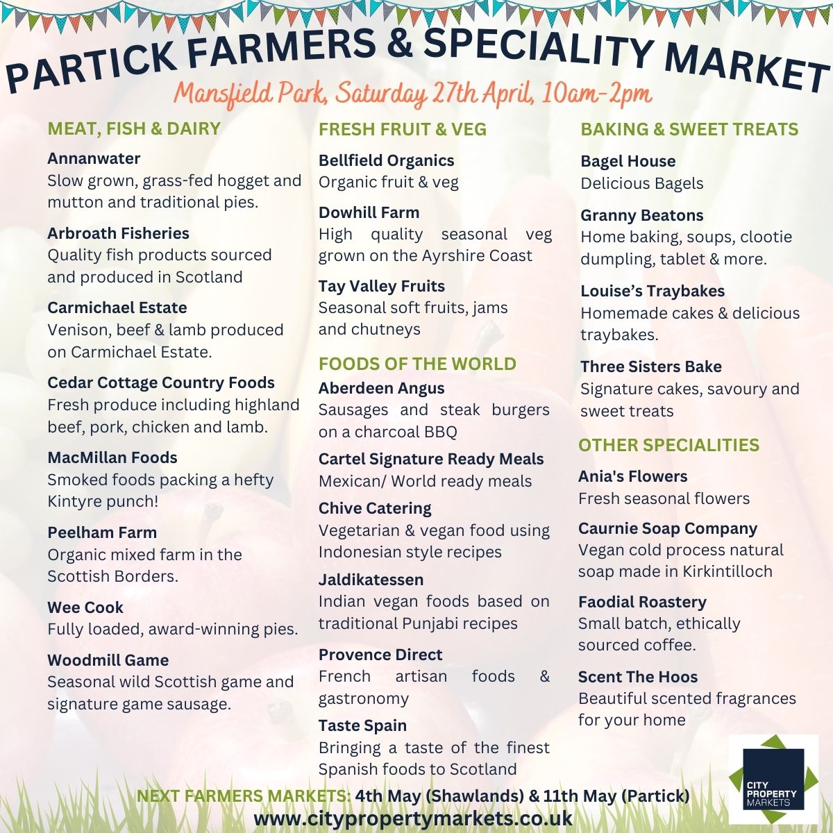We're back in Partick tomorrow - find your favourite traders at Mansfield Park from 10am-2pm!

citypropertymarkets.co.uk/markets/farmer… 

#CityPropertyMarkets #GlasgowMarkets #Glasgow #FarmersMarkets #GlasgowFarmersMarkets #GlasgowWestEnd #Partick #ShopLocal #WhatsOnGlasgow