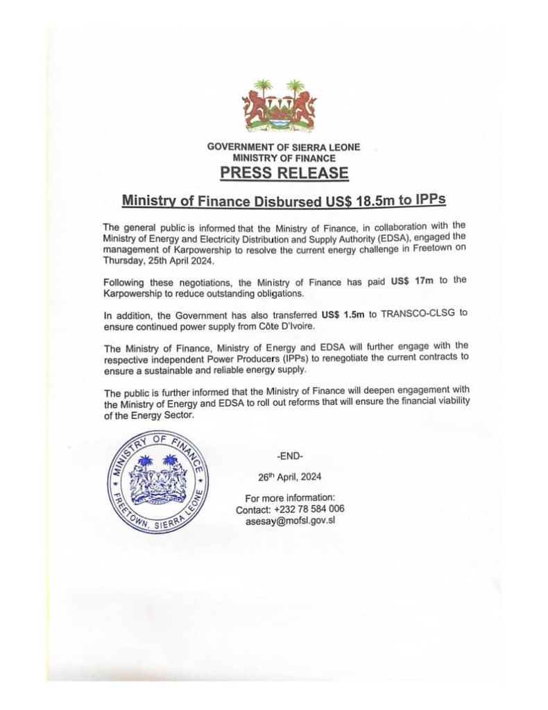 Just after the resignation of the Minister of Energy #AlhajiKanjaSesay, @mof_sl has disbursed over $18M to @karpowership and #TRANSCO-CLSG. The same Ministry that has been giving bounced cheques to contractors has suddenly paid $18M. So people have to suffer before you pay?