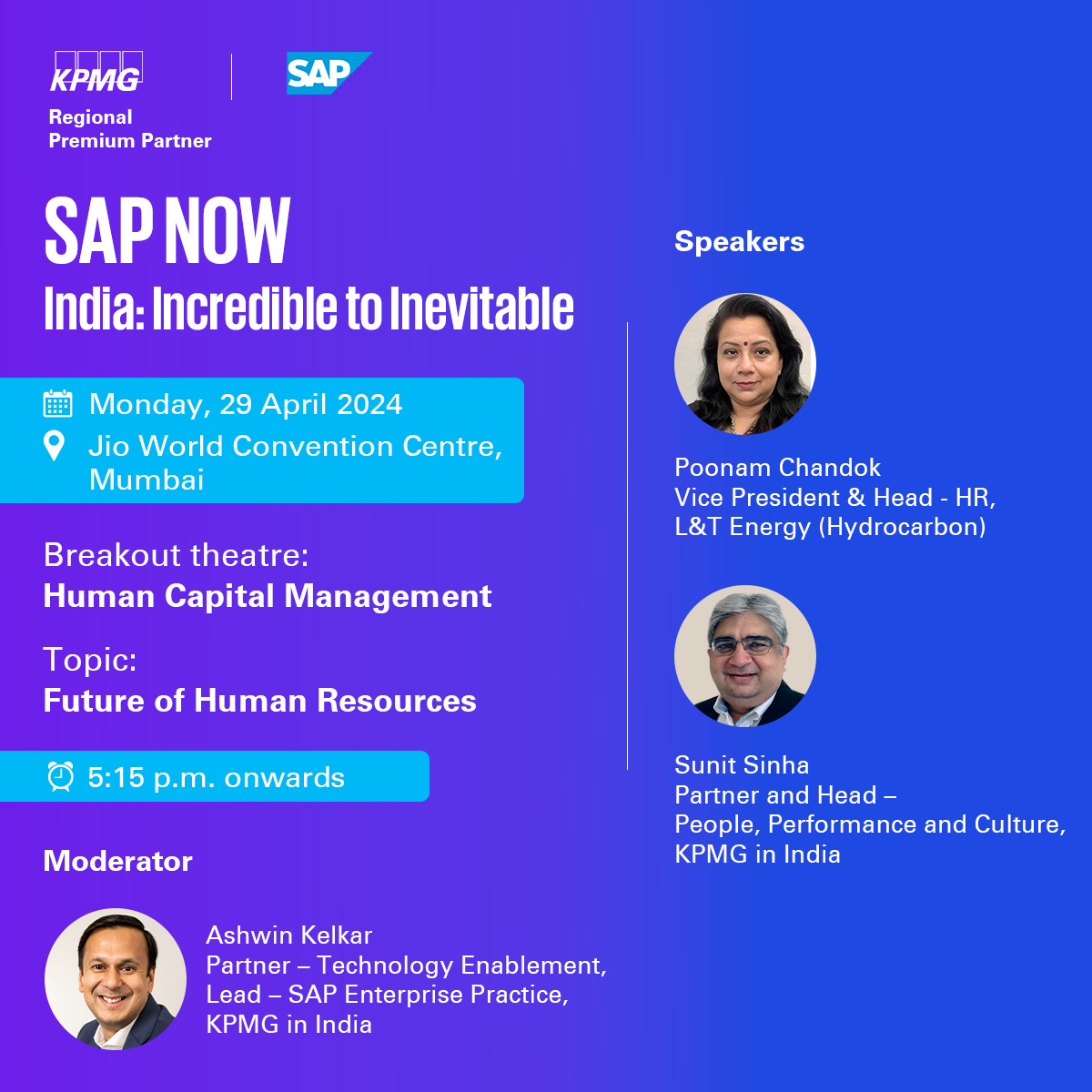 #SAPNOW | Watch this space for expert perspectives from Ashwin Kelkar, @KPMGIndia as he moderates a panel on 'Future of #humanresources' at #SAPNOWIndia 2024! #futureofHR @SAP #AI #HXM

🔖 Monday, 29 April 2024 | ⌛️ 5:15 p.m. onwards