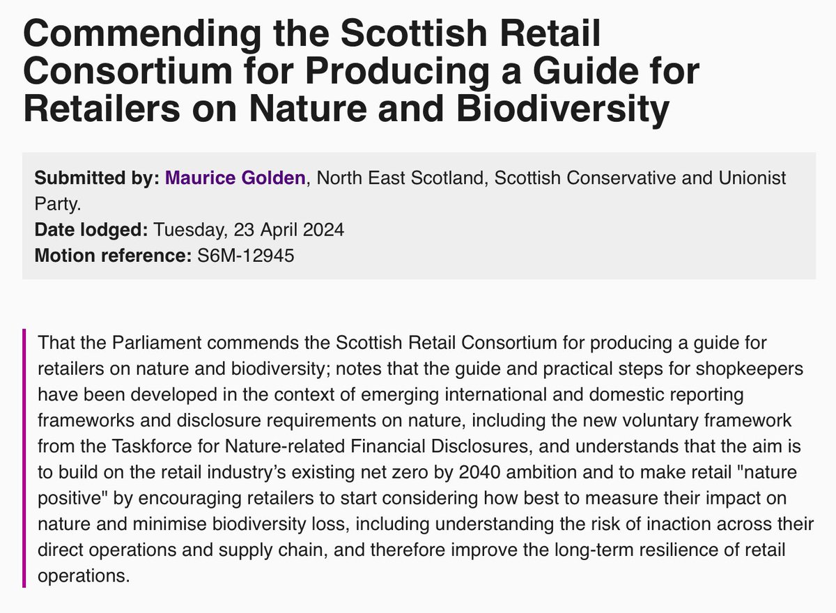 I was pleased to submit a motion welcoming the new Nature and Biodiversity Guide from @the_brc. The business community has an important part to play in protecting our natural environment. It’s great to see retailers taking a lead on that.