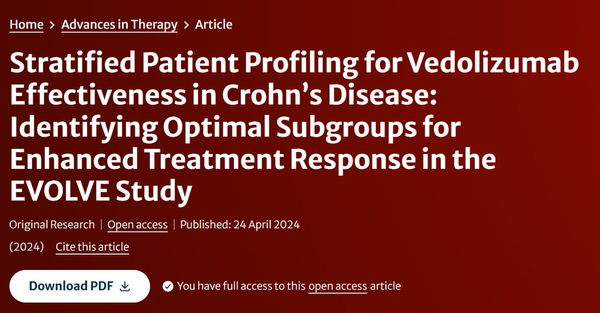 'Stratified Patient Profiling for Vedolizumab Effectiveness in Crohn’s Disease: Identifying Optimal Subgroups for Enhanced Treatment Response in the EVOLVE Study' #IBD #crohns #gastroenterology Read the full #OpenAccess article here: link.springer.com/article/10.100…