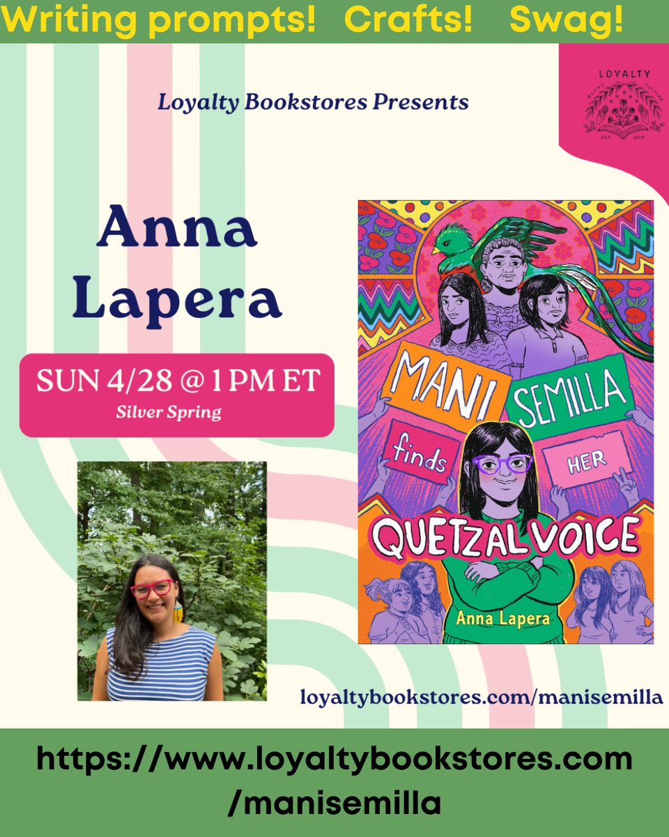 #DC #Maryland and #Virginia join me this weekend! SAT, 4/27: stop by the @USLatinoMuseum at 3:30 for an hour of bilingual fun, swag and free books! SUN, 4/28: Stop by @Loyaltybooks’ beautiful Silver Spring location. There will be treats, swag and crafts! #middlegradelit