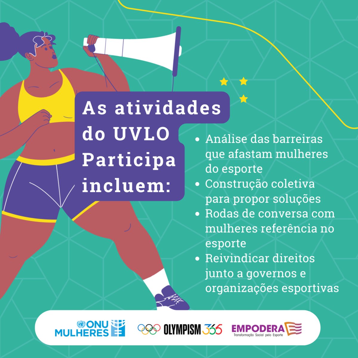 Começou o UVLO Participa, nova fase da parceria da ONU Mulheres com o @Olympics. O foco é encorajar a participação cidadã das alunas e desenvolver suas habilidades de levantar suas vozes na defesa do esporte como um direito fundamental. Saiba mais: 🔗 bit.ly/UVLOParticipa