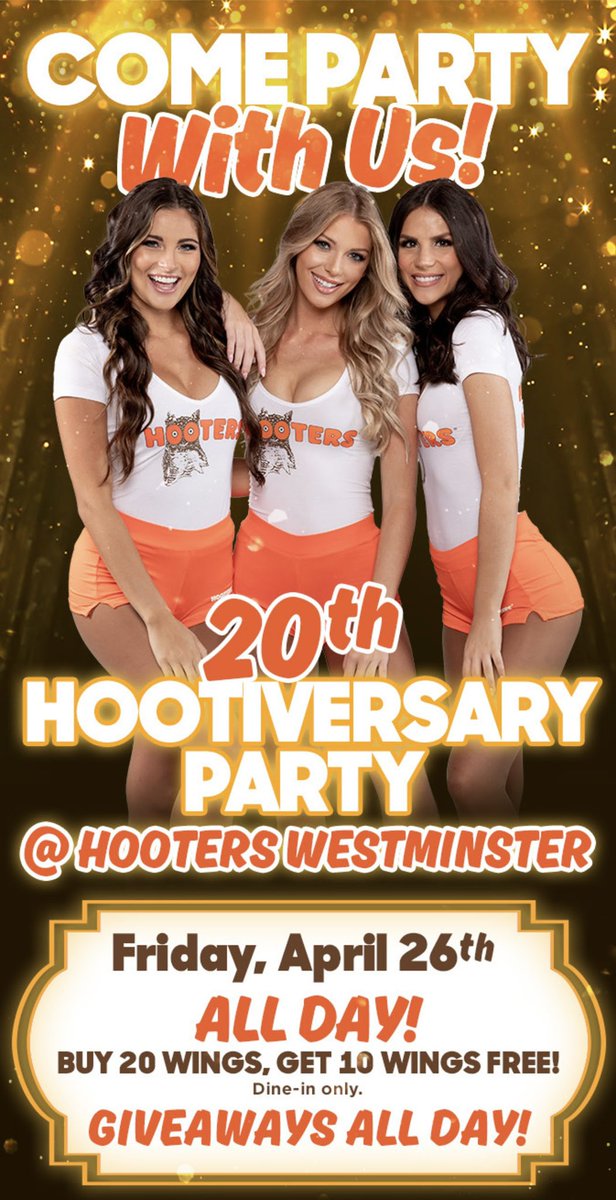 Come party at Hooters Westminster today! They’re celebrating their Anniversary with food & drink specials, plus, games and giveaways for all! 🎉