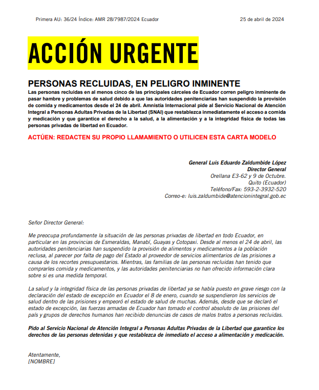 #AcciónUrgente: En riesgo inminente personas privadas de su libertad por falta de acceso a alimentación y medicamentos en #Ecuador. Más info: amn.st/6014bLvOr