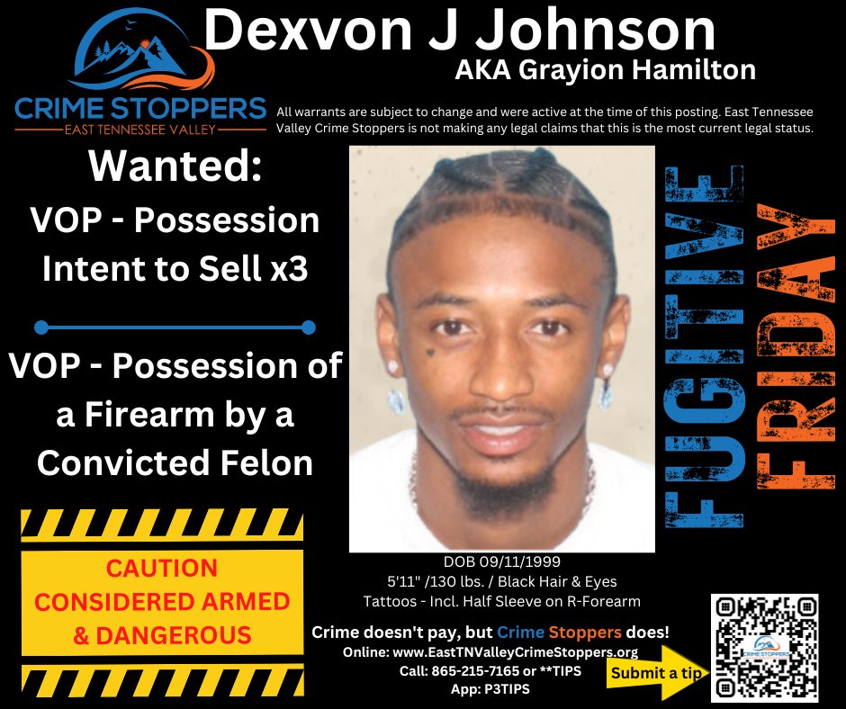 Take a look at today's #FugitiveFriday #fugitive Dexvon Johnson. Johnson is wanted on several VOP charges and is known to be armed. If you have info on his whereabouts remain #anonymous & contact East TN Valley #CrimeStoppers. If your tip leads to his arrest we will pay you $$$.