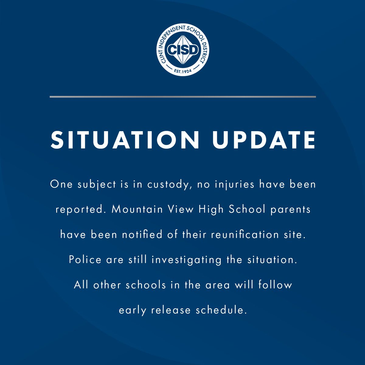 One subject is in custody, no injuries have been reported. Mountain View High School parents have been notified of their reunification site. Police are still investigating the situation. All other schools in the area will follow early release schedule.