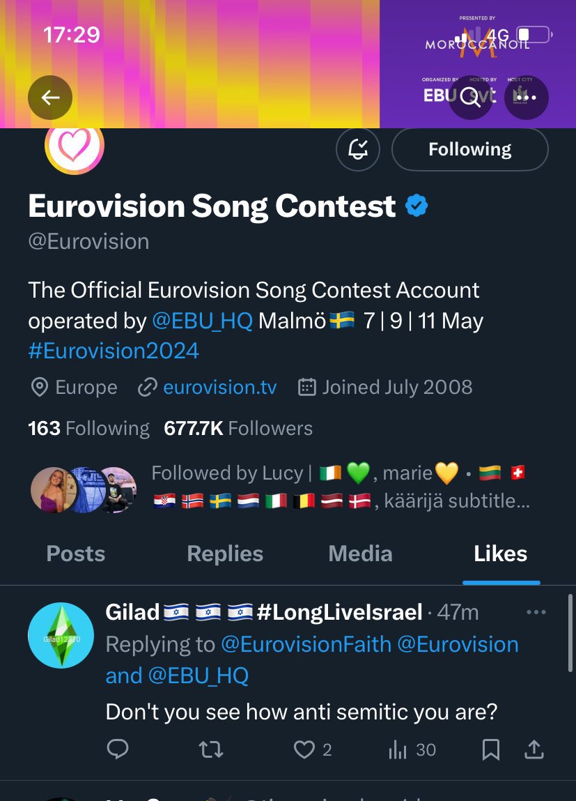 official Eurovision account liking a tweet calling my jewish ass antisemetic was not on my bingo card but here we are @Eurovision you should actually be ashamed of yourself
