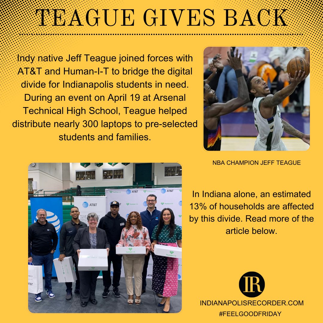 In case you missed it: In an effort to address the digital divide affect the city, Indy's own Jeff Teague teamed up with AT&T to donate nearly 300 laptops to students. More below: indianapolisrecorder.com/jeff-teague-gi… #News #FeelGoodFriday #GivingBack #NBA #ATT #Philanthropy #Community #Indy