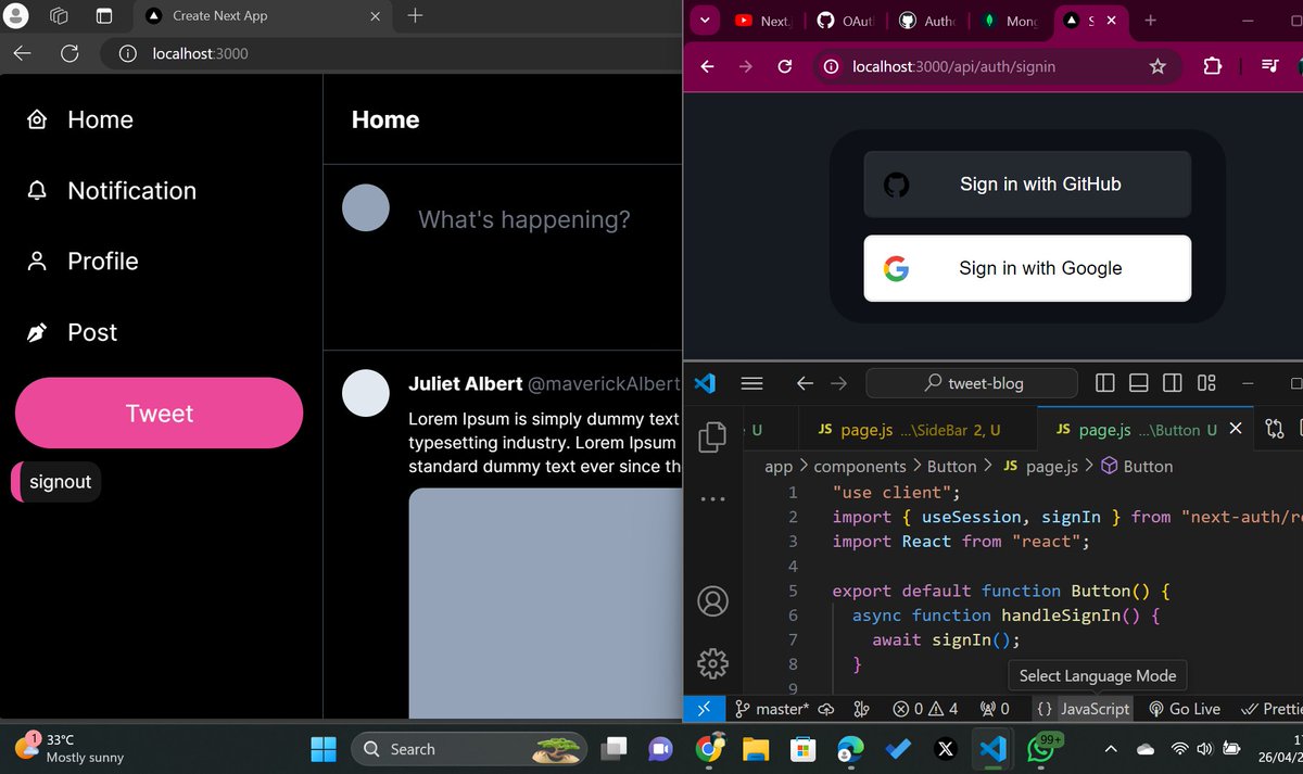 Today,  I added github and Google authentication to my Twitter clone Web application 😇.

I used NextAuth to make it possible. I will also add credential authentication for account creation. 

I love every step of this journey and will keep documenting it here 🫠🤭
#100DaysOfCode…