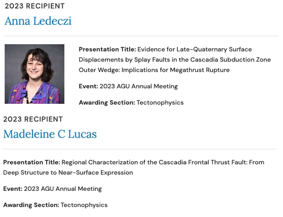 Congrats to both Anna Ledeczi and Madeleine Lucas @madeleine_earth for being awarded the AGU Outstanding Student Presentation Award from @agu_tectonophys for the 2023 Fall Meeting! That's 2 for 2 from our research group ... out of only 10 OSPA awards from T section this year!