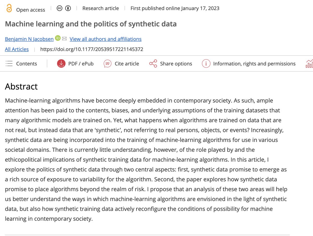 Explore the ethical and political implications of synthetic data in machine learning in this research by Benjamin Jacobsen (@BN_Jacobsen). Read the full paper, 'Machine learning and the politics of synthetic data' here: buff.ly/3j8By1U #algorithms #risk #ethics