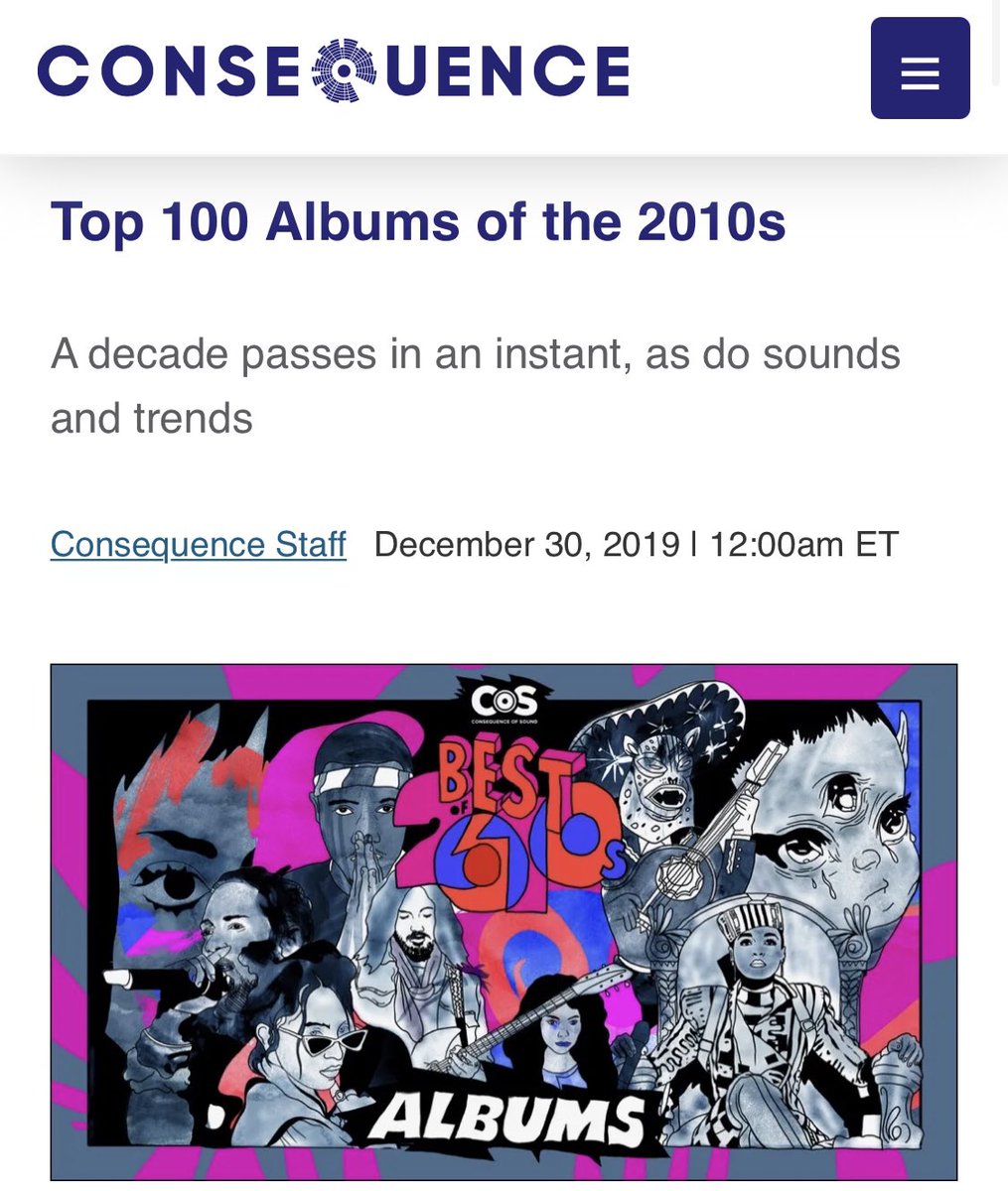 Best Albums of the 2010s Decade, according to @consequence 1. LEMONADE- Beyoncé 2. To Pimp a Butterfly - Kendrick 3. MBDTF - Kanye West 4. Melodrama - Lorde 5. Modern Vampires of the City - VW