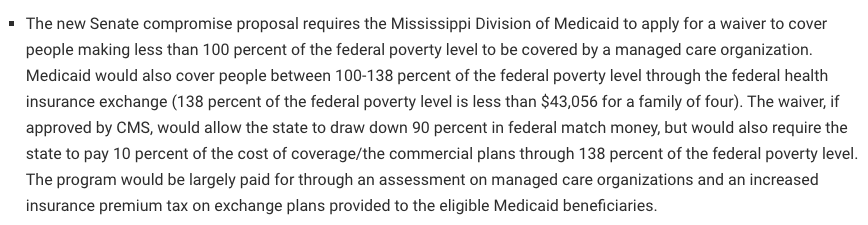 So, the latest Mississippi Medicaid proposal under consideration appears to be a standard expansion for everyone below 100% FPL, with an Arkansas-style private option for folks in the 100-138% band (who are APTC-eligible at present, without expansion) mageenews.com/senate-medicai…