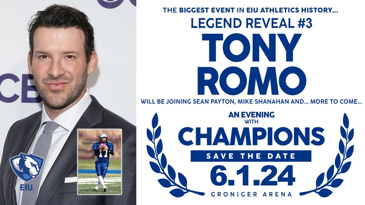 EIU LEGEND REVEAL #3: All the stars are lining up for 'An Evening with Champions'. TONY ROMO, Sean Payton, Mike Shanahan... 6.1.24. Bringing the sunshine on Monday, reveal #4. Ticket sales open Monday: eiupanthers.com. #EIURoadToSuccess #EIULegends