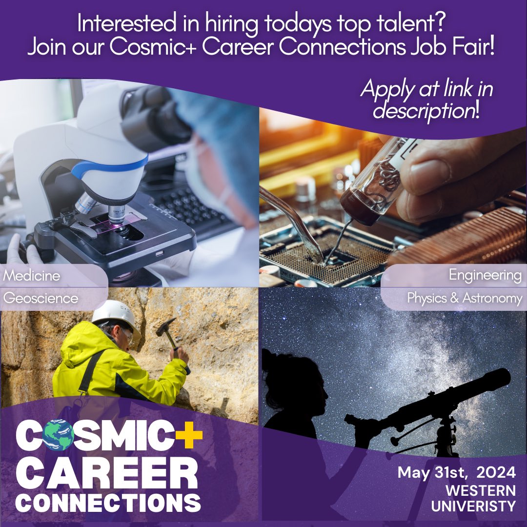 Heads up employers: we are looking for companies interested in exhibiting at the Cosmic+ Connections Career Fair on May 31st! If you are looking to hire today’s top talent in engineering, medicine, physics, geology, and astronomy, apply at the link here! forms.office.com/r/ew6895LR87