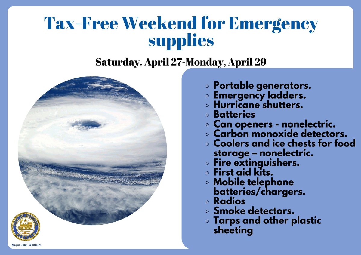 ‼️ ☔️‼️ ☔️Hurricane Season is fast approaching, and @houmayor Whitmire wants Houstonians to be prepared. This weekend, during the 2024 Emergency Preparation Supplies Sales Tax Holiday for emergencies that can cause physical damage like hurricanes, flash floods, and wildfires, you…