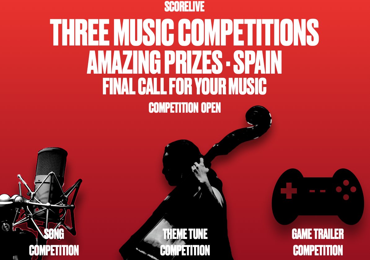 SCORELIVE
THREE COOL MUSIC COMPETITIONS
AMAZING PRIZES 
FINAL CALL FOR YOUR MUSIC
DEADLINE MAY 1st 2024

SCORELIVE.LONDON

#FILMCOMPOSER #COMPOSER #GAMECOMPOSER #SUMMERPROGRAMS
#competitions #musiccompetitons #songcompetitions #songwriters