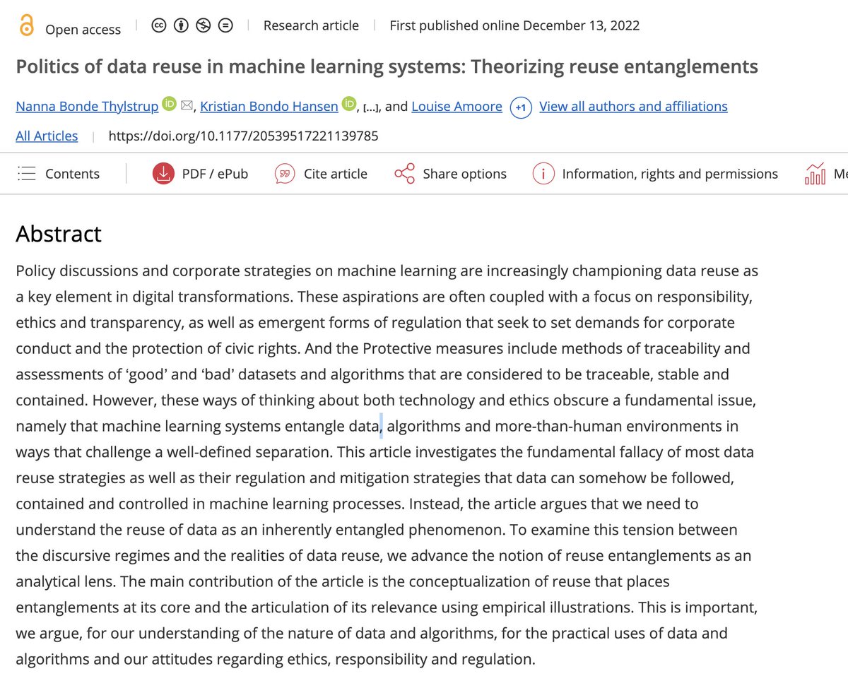 Revisit this paper by @NThylstrup, @BondoHansen, @flyverbom and @AmooreLouise which conceptualizes 'data reuse' by putting entanglements at the core. You can read this at: buff.ly/3j9s72q #machine learning #ethics #datasets #algorithms