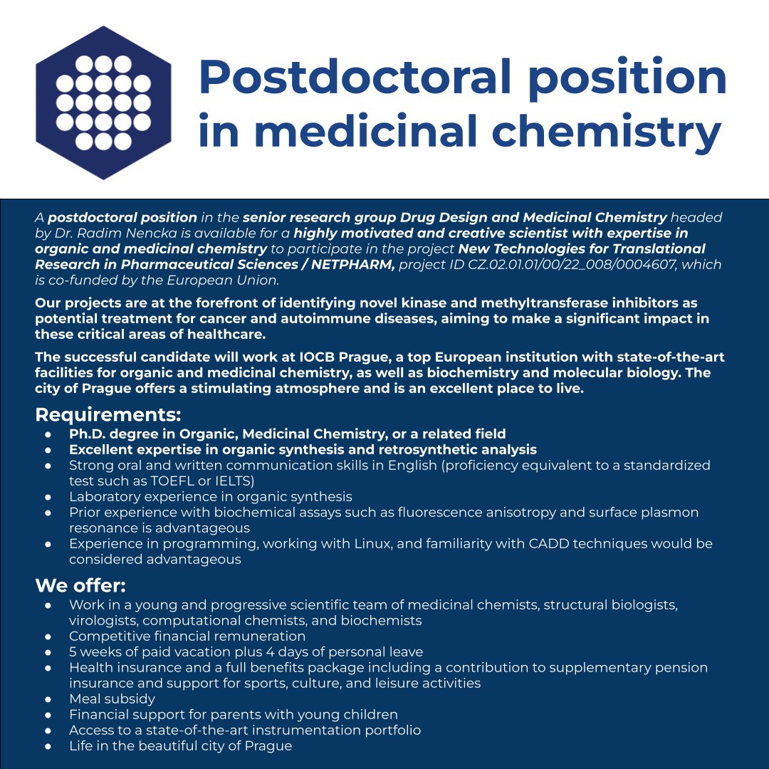 An appealing #postdoc offer at Institute of #OrganicChemistry and #Biochemistry, Czech Academy of Sciences @IOCBPrague:

#Postdoctoral position in #medicinalChemistry
Read more: researchjobs.cz/K5JiH

#postdocjobs #organicSynthesis #chemistry

CC: @czexpats @CzechAcademy