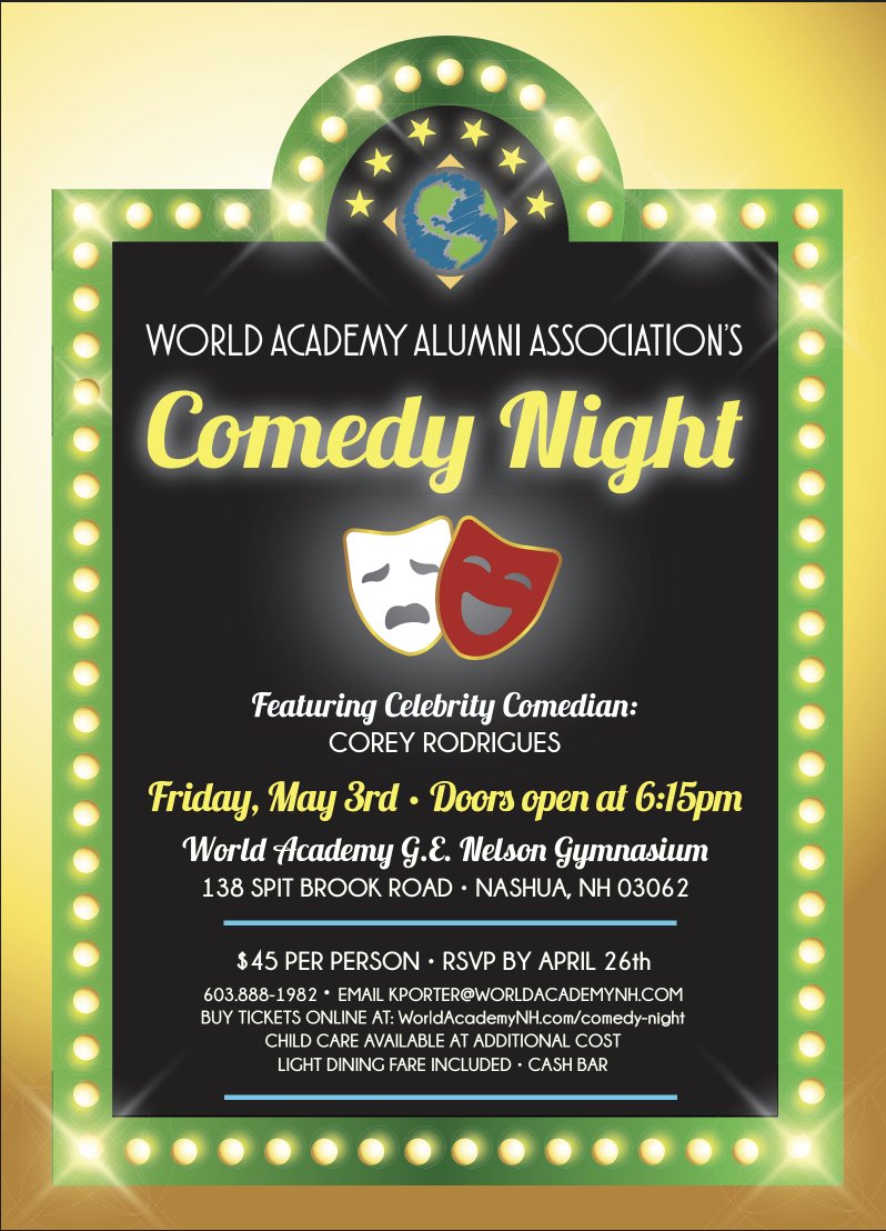 ONE Week From Today!!!!

A hilarious evening with fabulous prizes! Get your tickets today
worldacademynh.com/comedy-night/

Childcare services are available at an additional cost.
#ComedyNight #Auction #LaughsGuaranteed @coreyrodrigues  @MikeMorinMedia
