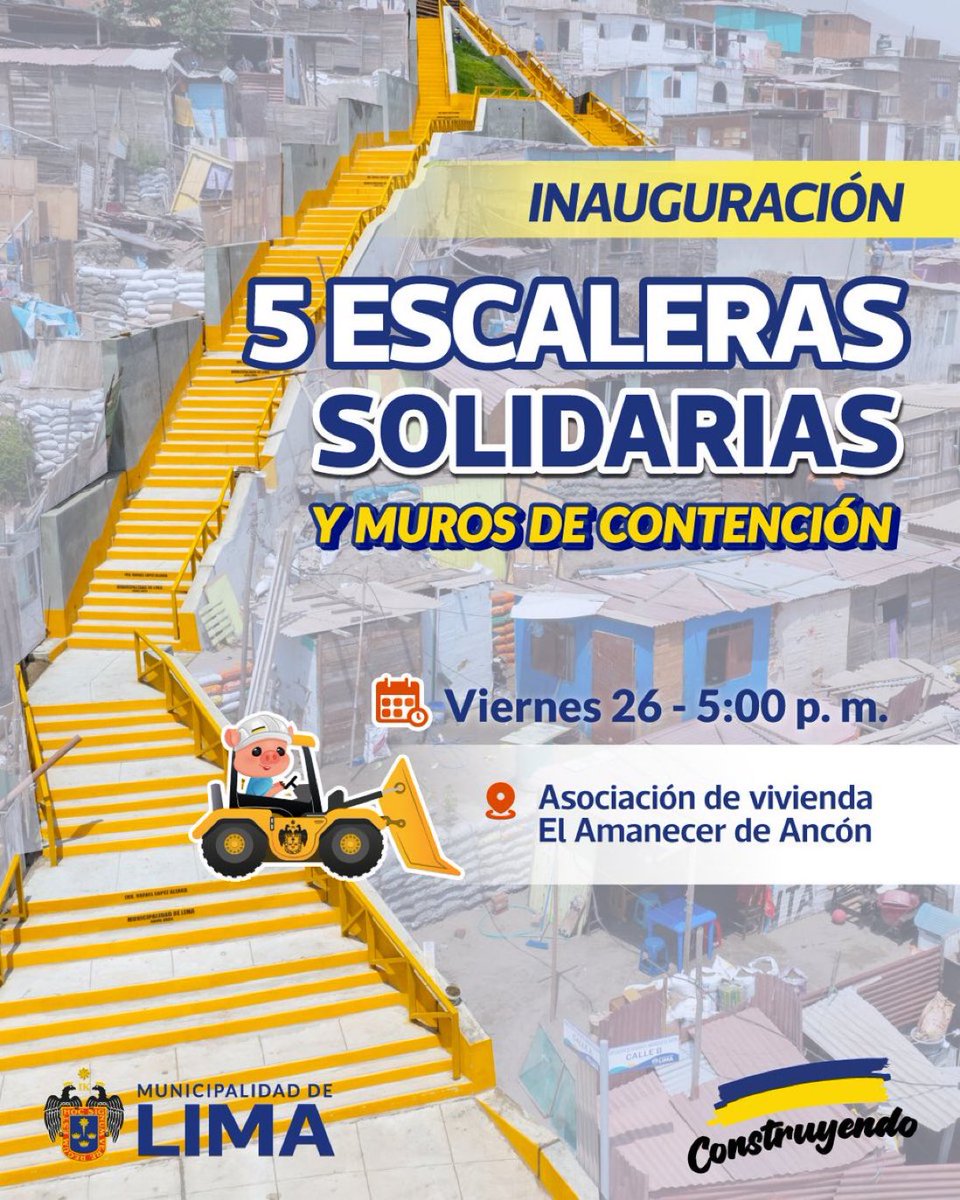 ¡𝗚𝗥𝗔𝗡 𝗜𝗡𝗔𝗨𝗚𝗨𝗥𝗔𝗖𝗜𝗢́𝗡! 🙌🚧 Los invitamos a ser parte de la entrega de cinco escaleras solidarias para el distrito de Ancón. 🕔 5 p. m. 📍 Asociación de Vivienda El Amanecer de Ancón ¡𝗧𝗿𝗮𝗯𝗮𝗷𝗮𝗻𝗱𝗼 𝗽𝗼𝗿 𝗟𝗶𝗺𝗮! 💪