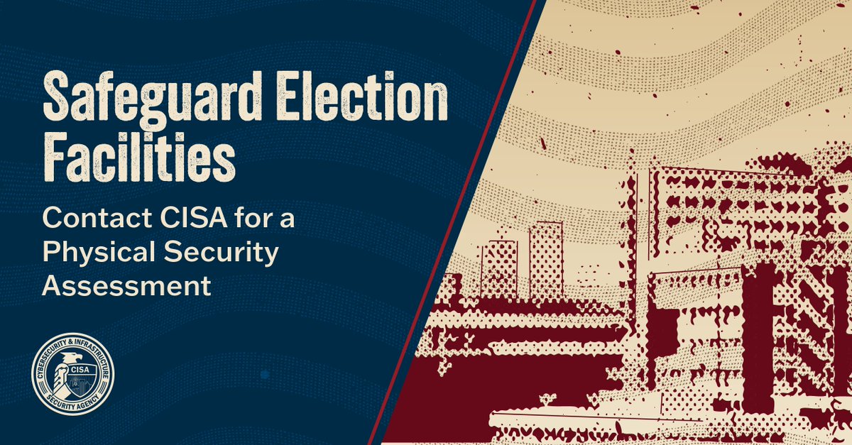 CISAgov's tweet image. Election officials – have your facilities had a physical security assessment? At no cost, CISA will come on-site to
⭐check your current security posture  
⭐identify vulnerabilities
⭐help mitigate risk
Contact our regional team to help #Protect2024: go.dhs.gov/Jy9