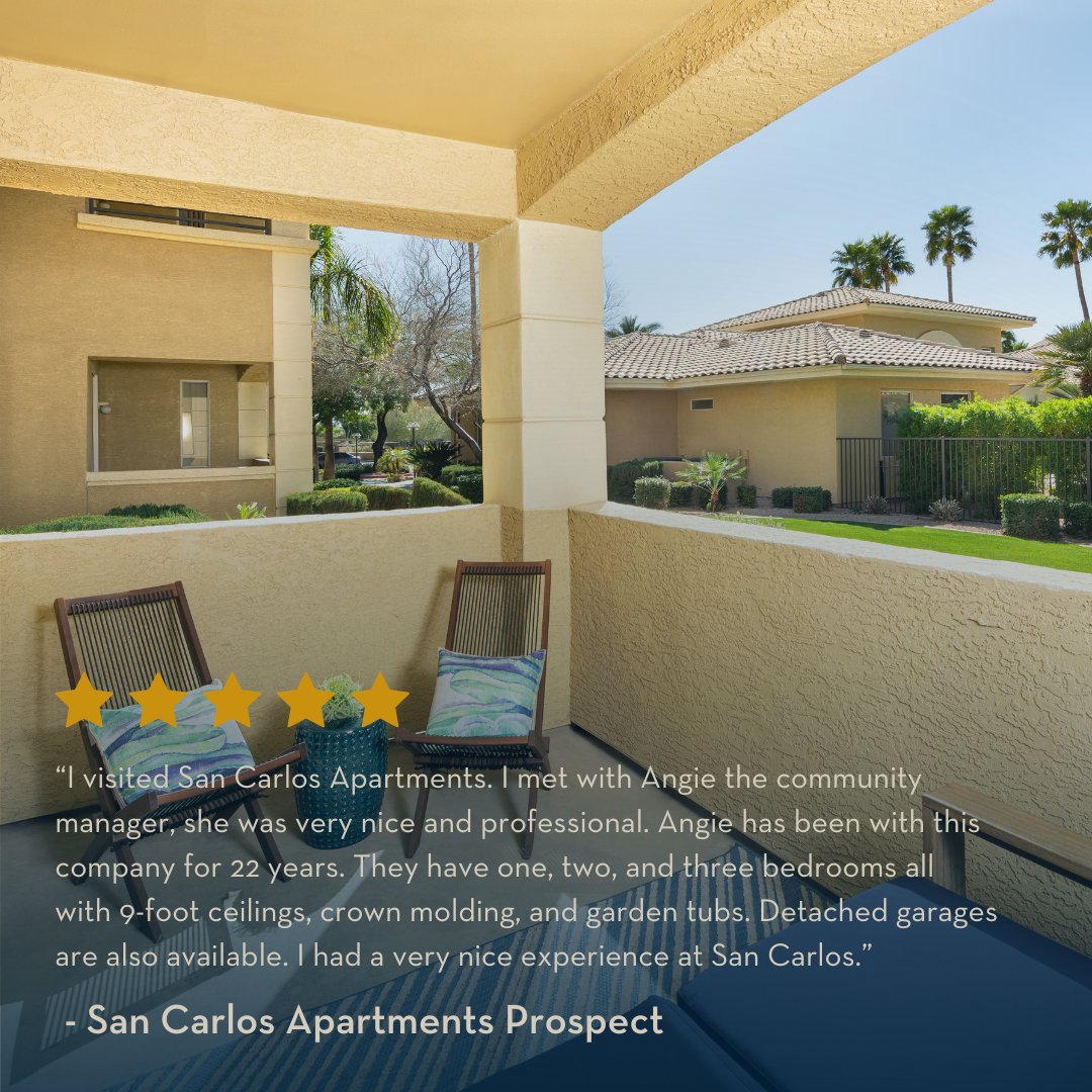 Looking for a great place to live in Scottsdale? Check out San Carlos! Thank you to our wonderful prospects for their kind words.👏

#ScottsdaleApartments #sancarlos #FiveStarLiving #apartmentliving #apartmentlife #nowleasing #ResidentTestimony