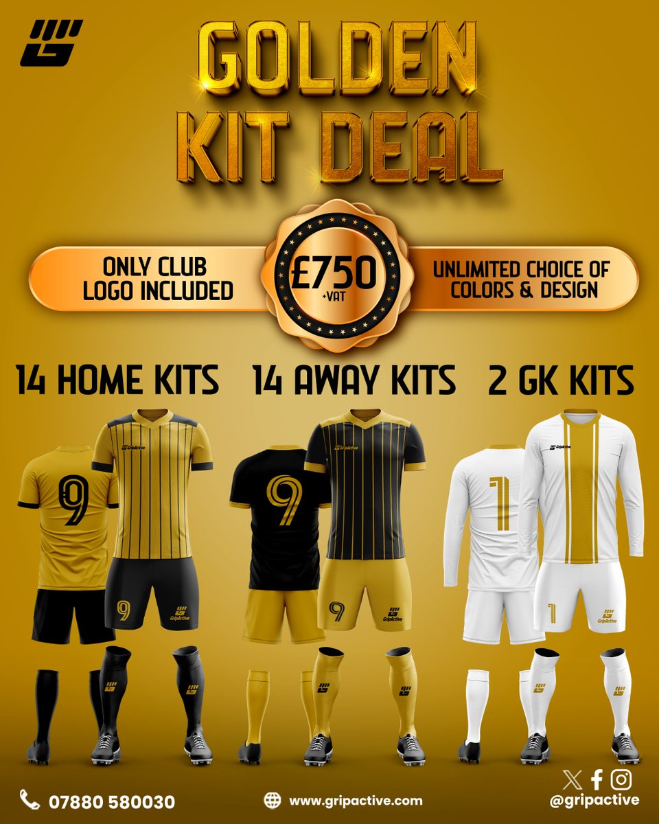🥇GOLDEN CHANCE 🥇 Get 14 home kits, 14 away kits, and 2 Goalkeeper kits, all fully customisable for ONLY £750+VAT!!! Don't miss this golden opportunity! ⚽️✨ 🌐: gripactive.com 📧: sales@gripactive.com ☎️: 0044 788 058 0030