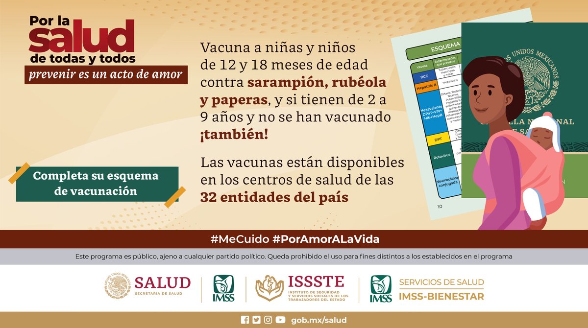 ¡Protege a tus hijas e hijos vacunándolos! 👧🏻👦🏻💉 Recuerda que #PreveniEsUnActoDeAmor 🤲🏼❤️ ¡Completa su esquema de vacunación! Infórmate en ➡ bit.ly/3Wfye6y #MeCuido #PorAmorALaVida @Tu_IMSS @IMSS_BIENESTAR @ISSSTE_mx @censia_salud
