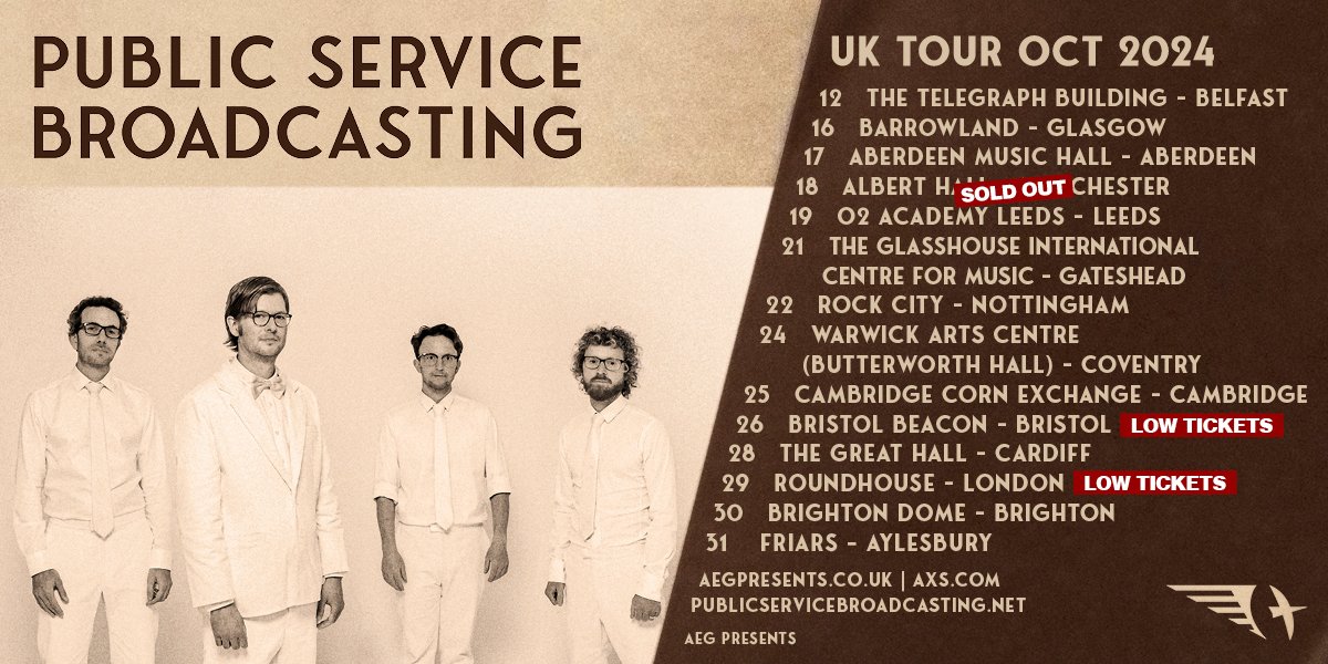 Looks like Bristol will be the next to go - under 200 tickets left, probably gone in the next couple of weeks. Prod anyone who needs prodding please, a few others not far behind. Thanks to everyone who's bought tickets so far! publicservicebroadcasting.net/#events
