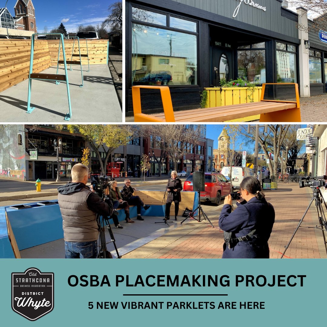 Announcing 5 new parklets along Whyte Ave & 81 Ave.

Check them out, stop for a refreshment and stay awhile.

This 2 year initiative was led by the OSBA and funded, in part, by PrairieCan.

#strathconaCL #strathcona #SCCLneighbourhoodnews #yeg #edmonton #osba #parklets #whyteave