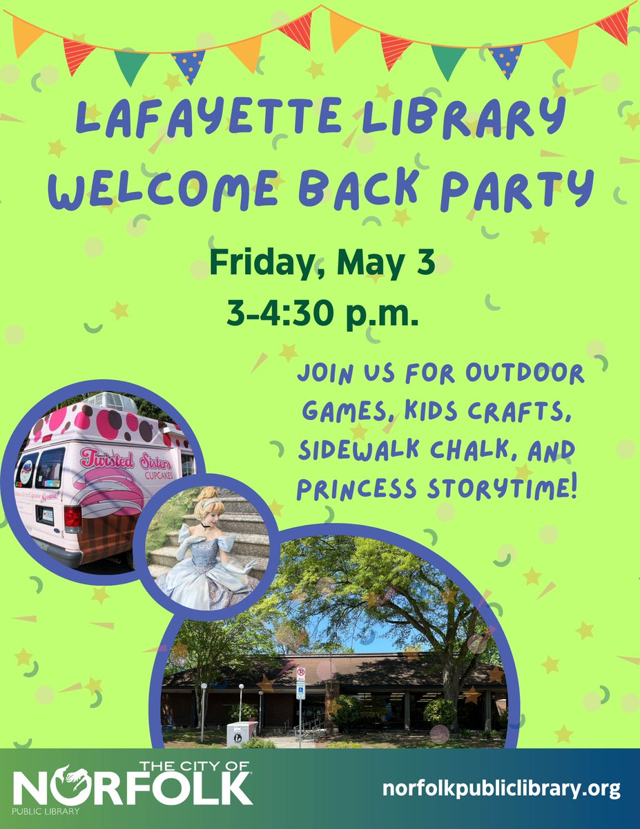 Join us on Friday, May 3 at 3 p.m. for a Welcome Back Party at the Lafayette Neighborhood Branch! Come see all the new renovations, play some games, get your crafting on and more. @NorfolkVA