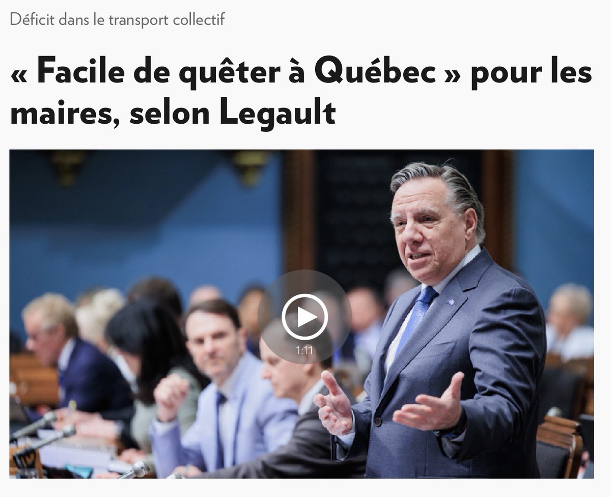 Quand Québec demande à Ottawa de financer des services de plus en plus coûteux, c’est correct. Mais quand les villes demandent de l’aide pour leurs responsabilités croissantes, elles « quêtent ». PS. Quelqu’un peut dire à M. Legault que les villes ne peuvent faire de déficit?