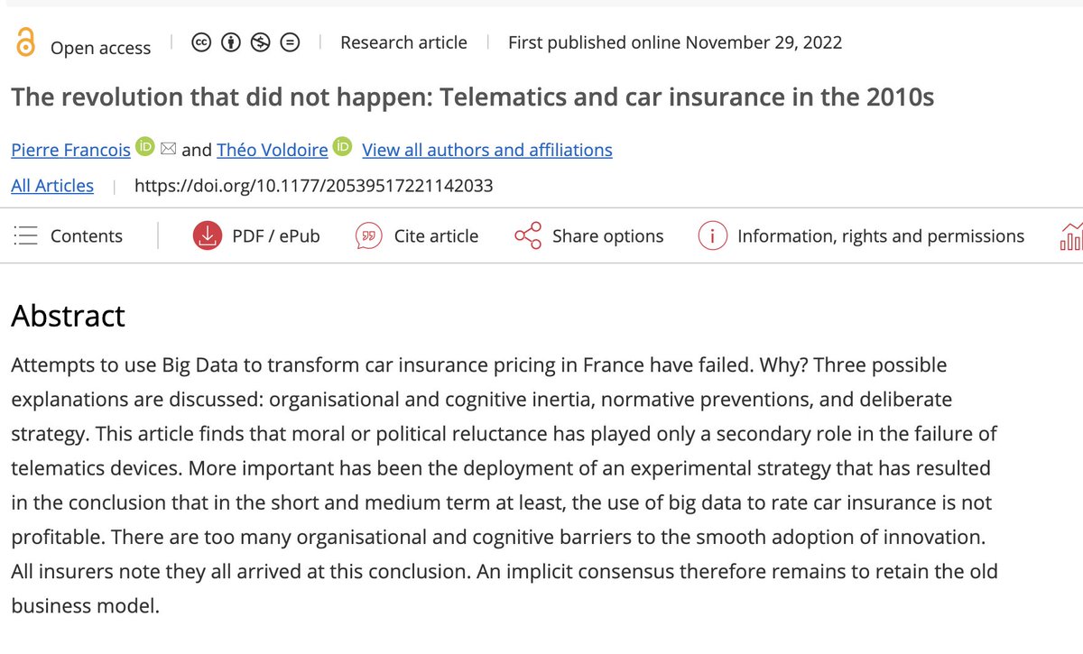 'The revolution that did not happen: Telematics and car insurance in the 2010s' by Pierre Francois and Théo Voldoire (@TheoVoldoire) unravels the promises of #bigdata to radically change insurance. You can read the full paper at ➡️ buff.ly/3jkzy72 #innovation #sociology
