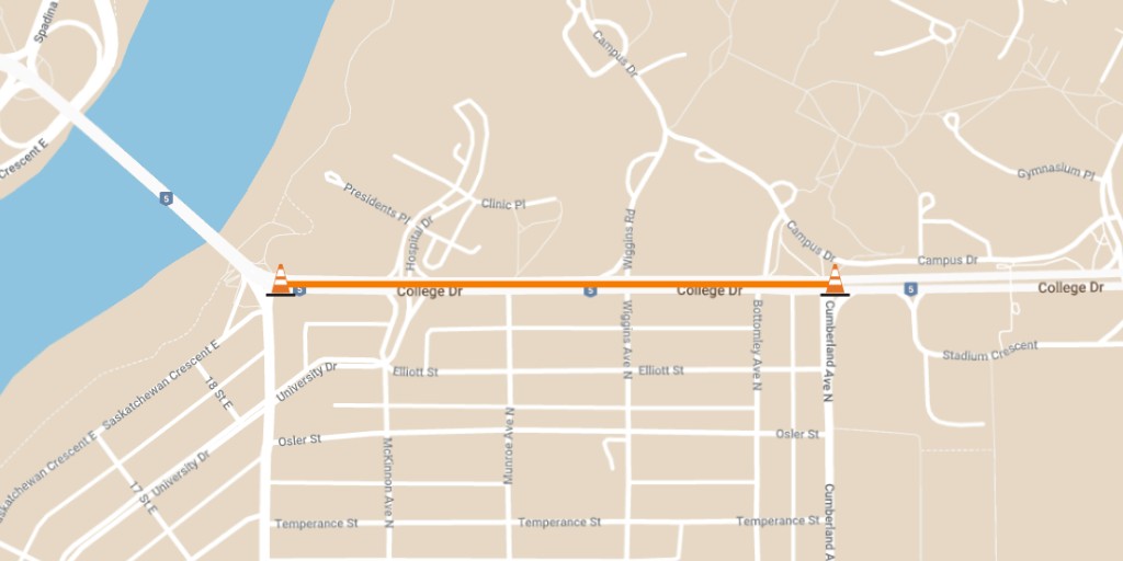 Heads up, drivers! Lane reductions on both sides of College Drive will continue between Clarence and Cumberland starting Monday, April 29. This phase of the project is expected to take 11 weeks. ⚠️ Please obey all signs and detours. ➡️ PSA: bit.ly/3JyYYr6